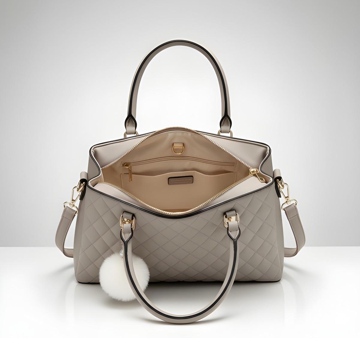 Gray quilted handbag with a fluffy white handle on a light gray background