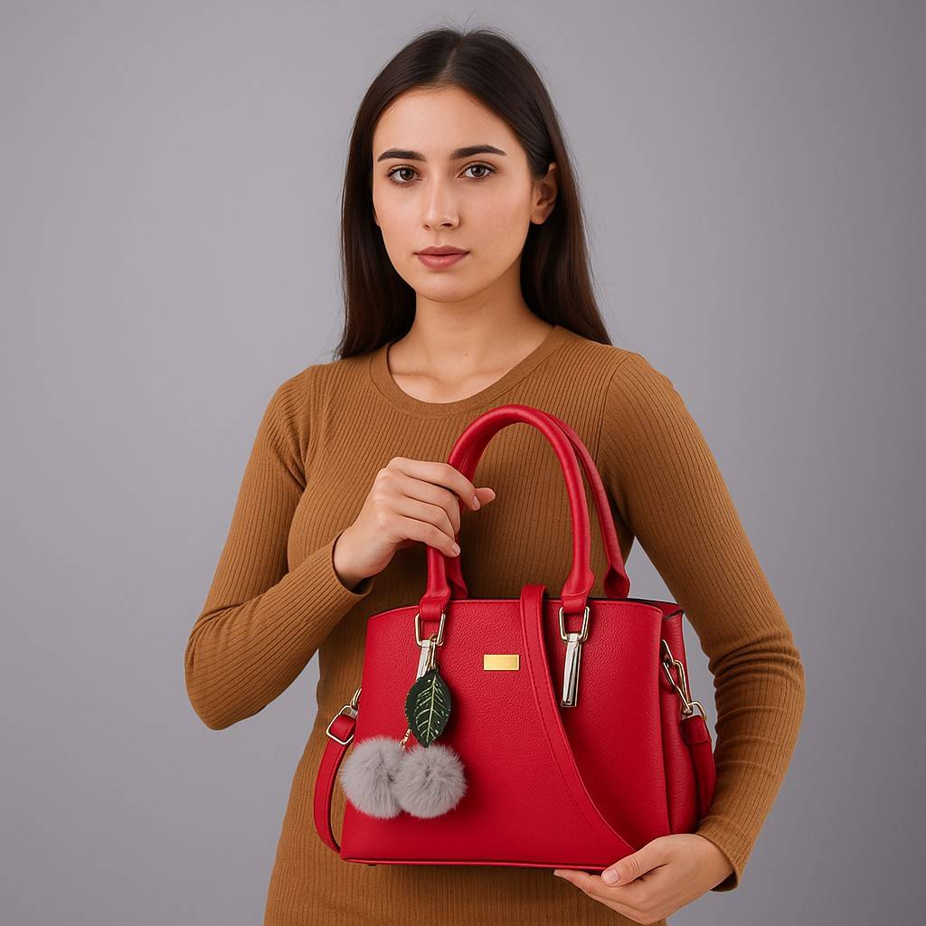 Woman holding a red handbag with decorative elements against a gray background