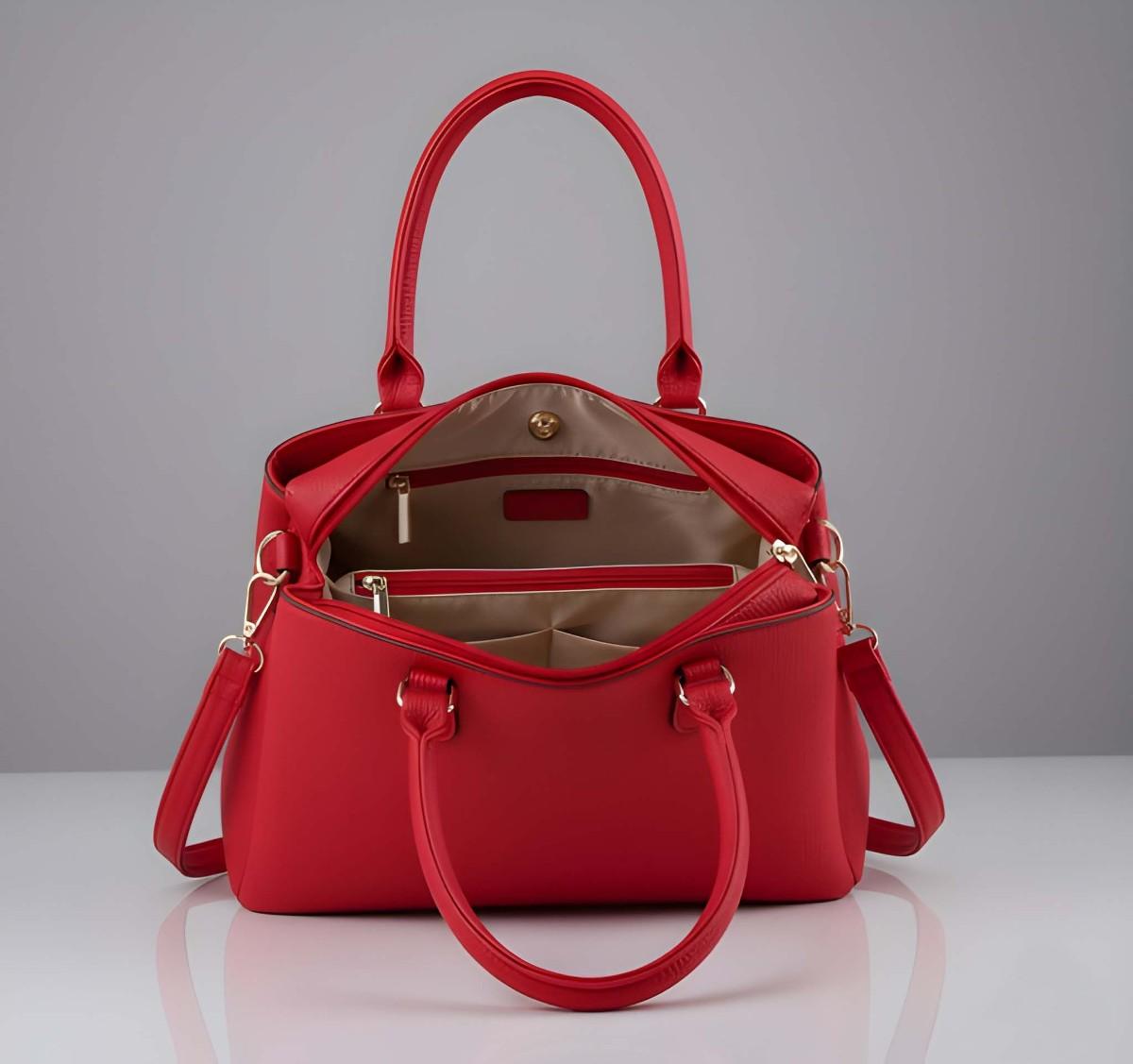 Red handbag with gold accents on a gray background