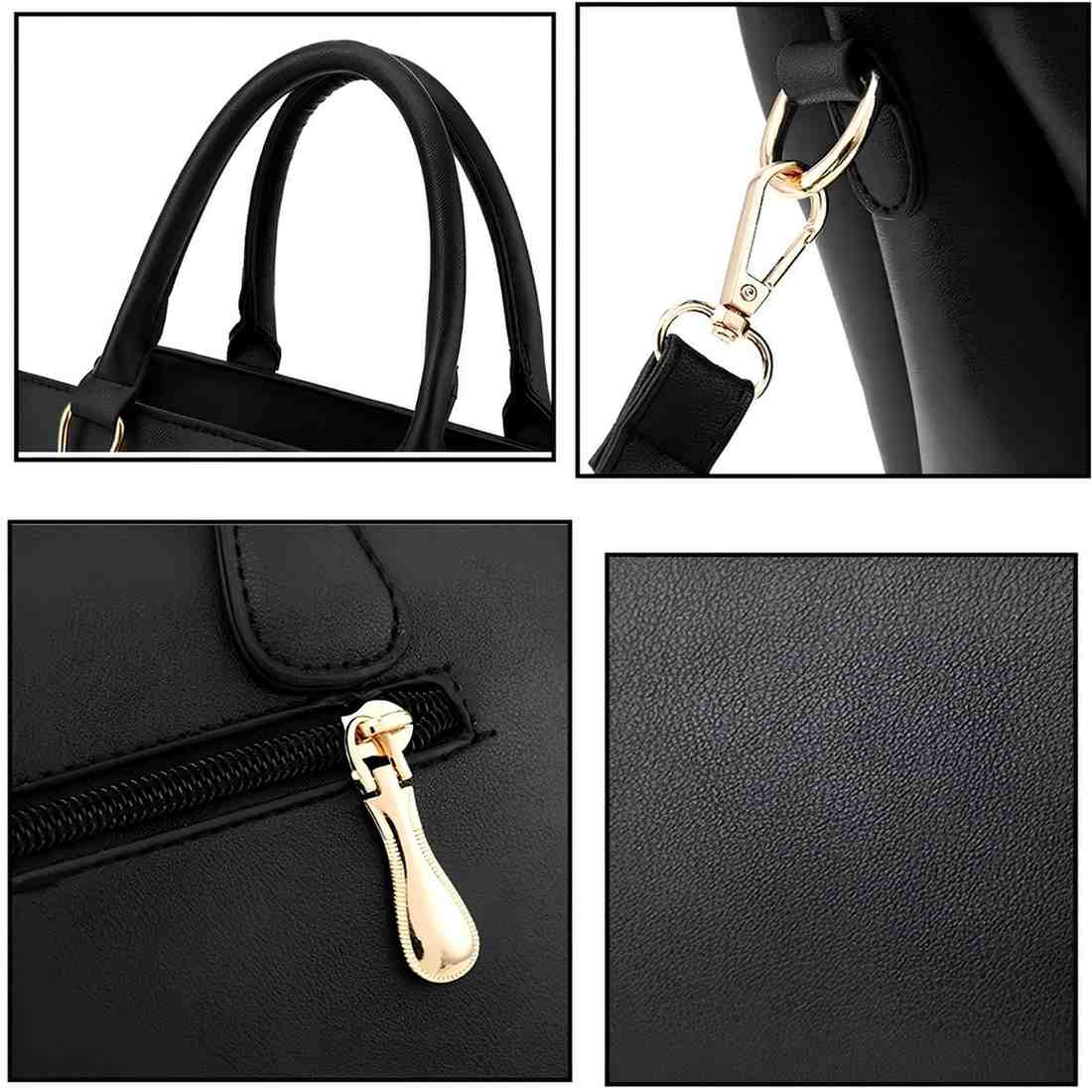 Black handbag with gold hardware on handle, zipper, and leather texture close-up.