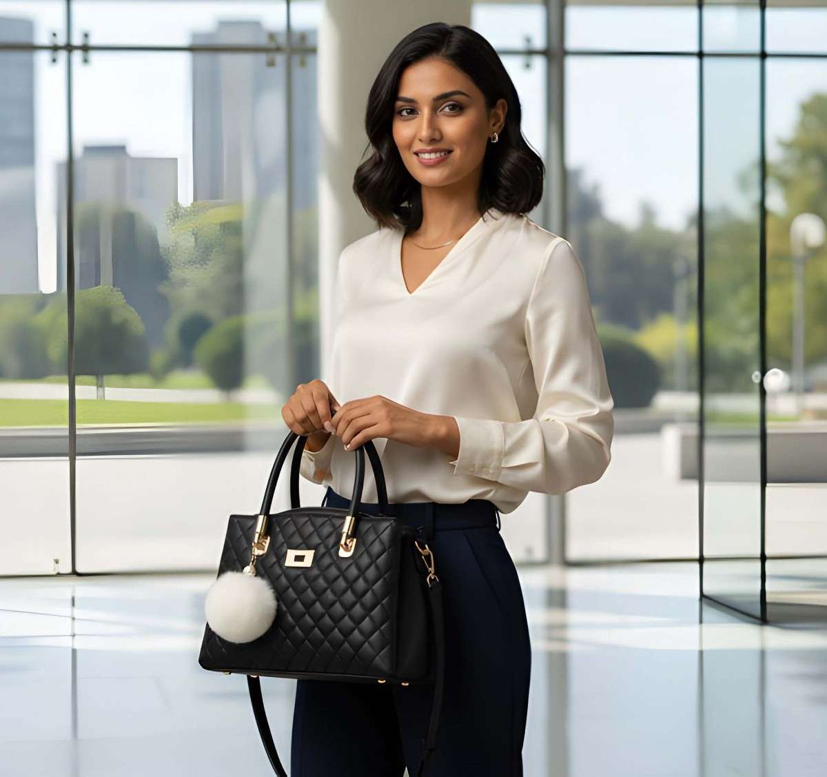 Woman holding a black handbag in an office building setting