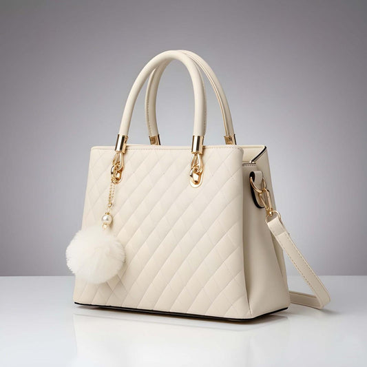 White quilted handbag with gold accents on a gray background