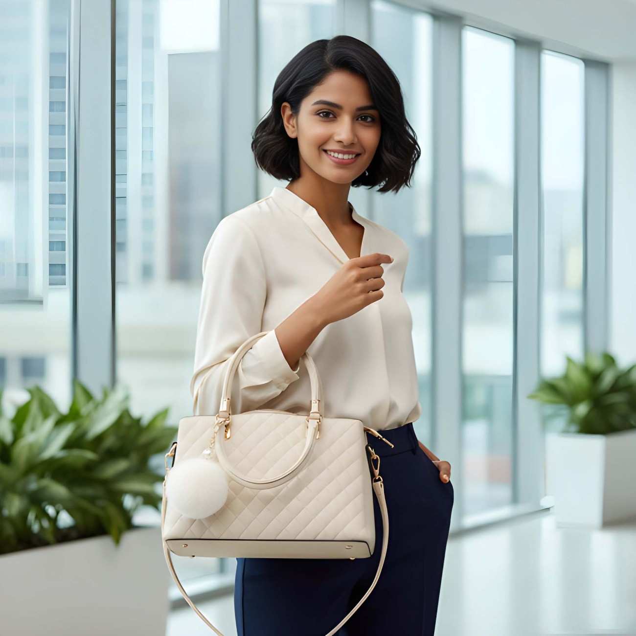 Woman holding a beige handbag in an office setting