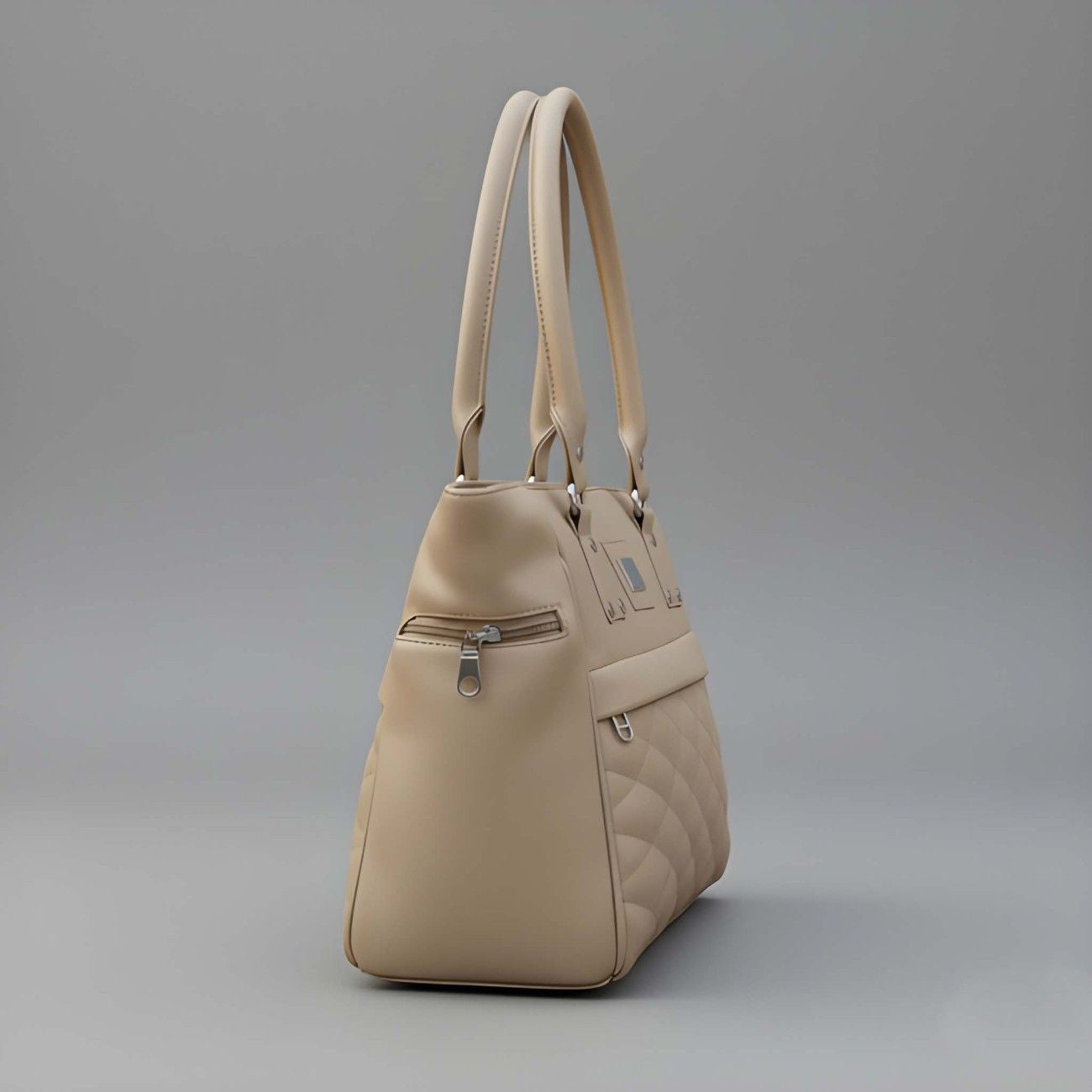 Beige handbag with quilted design on a gray background