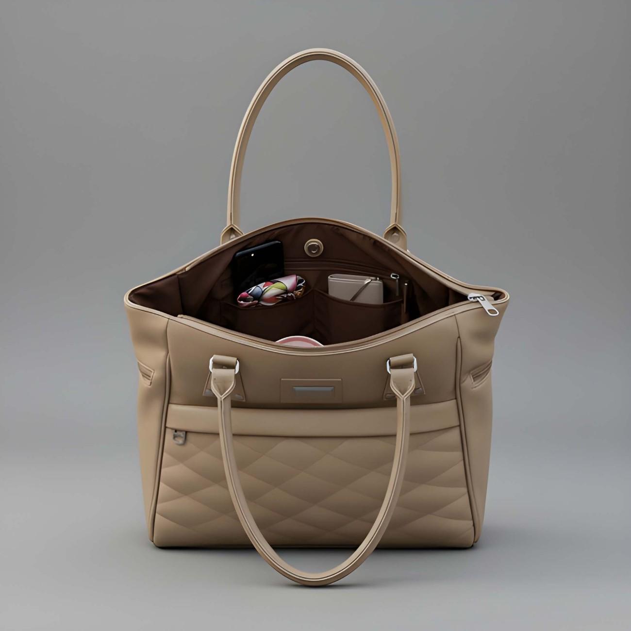 Beige quilted handbag with a gray interior on a gray background