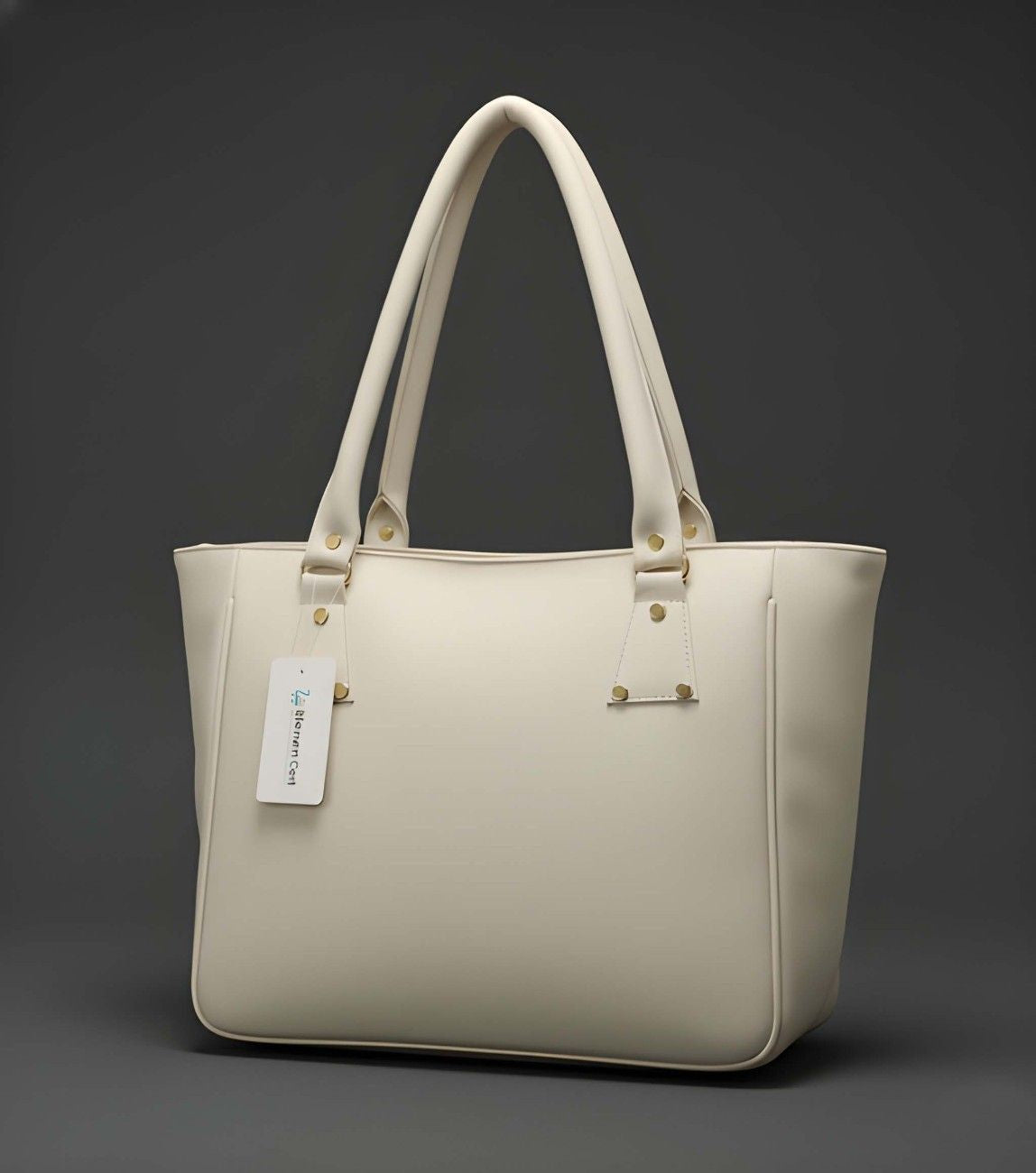 Beige tote bag with a tag on a dark gray background