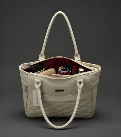 Beige quilted handbag with visible brand label on a dark background