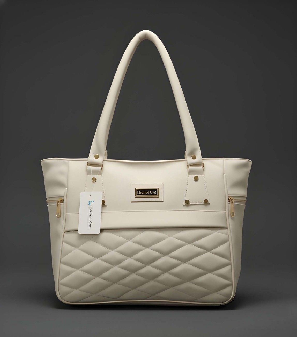 White quilted handbag with a visible brand tag on a dark background
