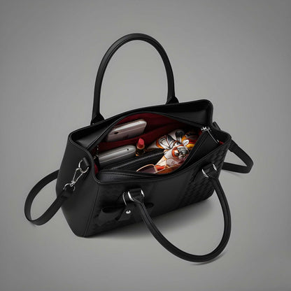 Black handbag with makeup items on a gray background