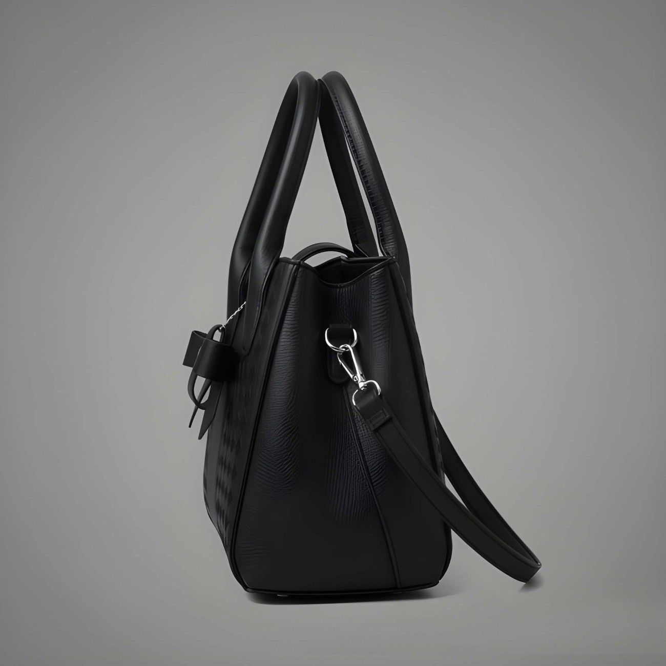 Black handbag with a strap on a gray background