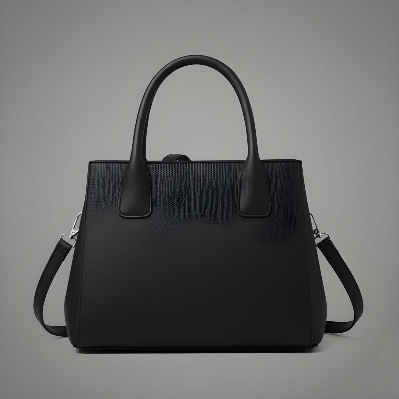 Black handbag with a shoulder strap on a gray background