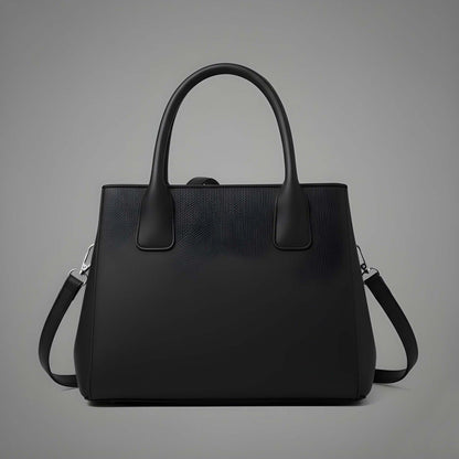 Black handbag with a shoulder strap on a gray background
