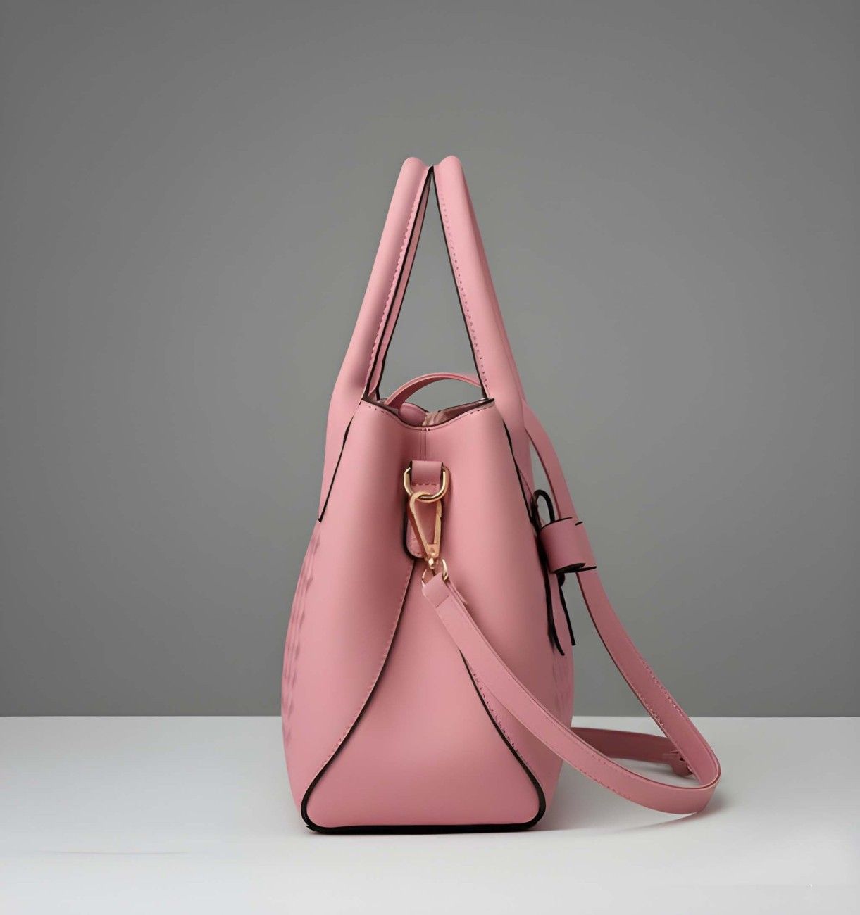 Pink handbag with a strap on a gray background