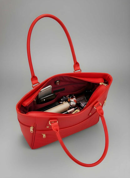 Red handbag with gold accents on a gray background