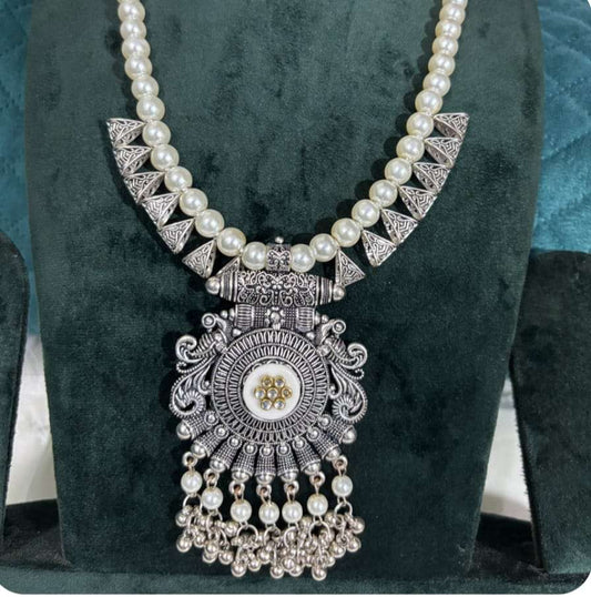 Antique Silver Temple Design Necklace with Pearl Strands
