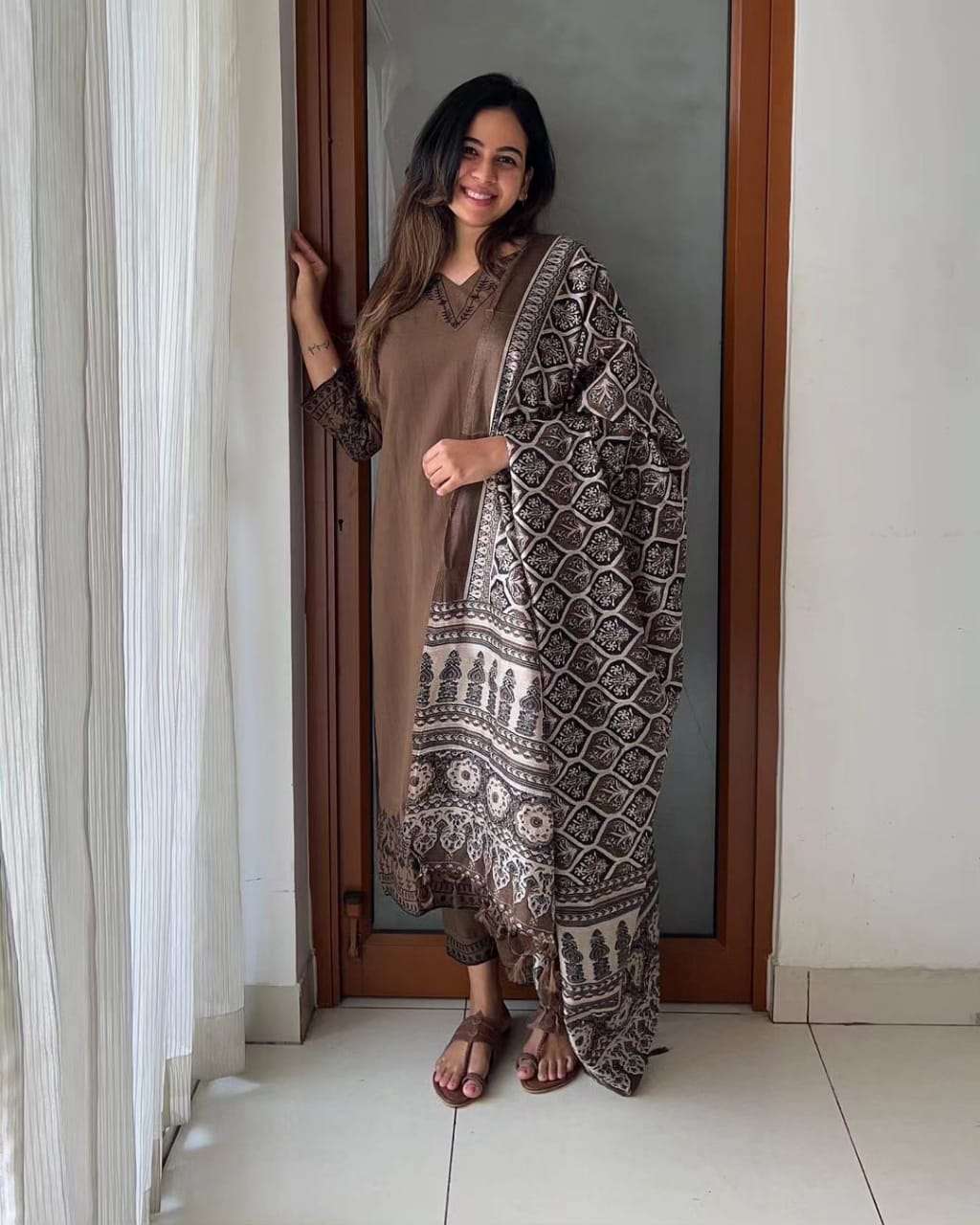 Brown cotton khadi suit set