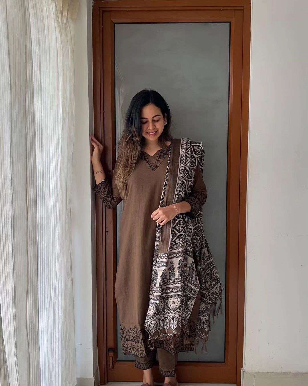 Brown cotton khadi suit set