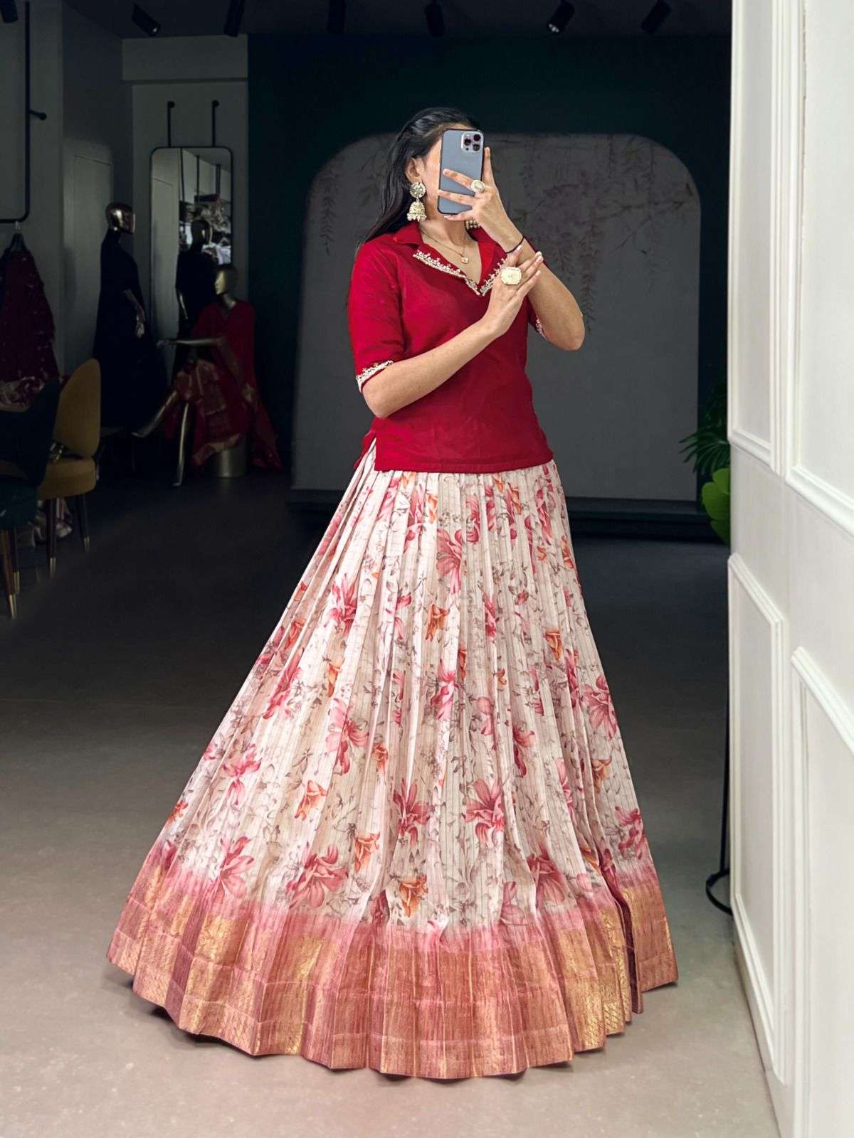 Co-ord lehenga set floral print zari weaving festive wear