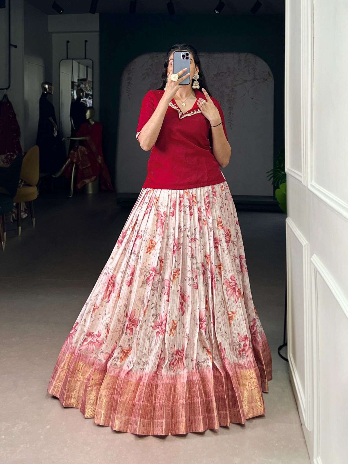 Co-ord lehenga set floral print zari weaving festive wear
