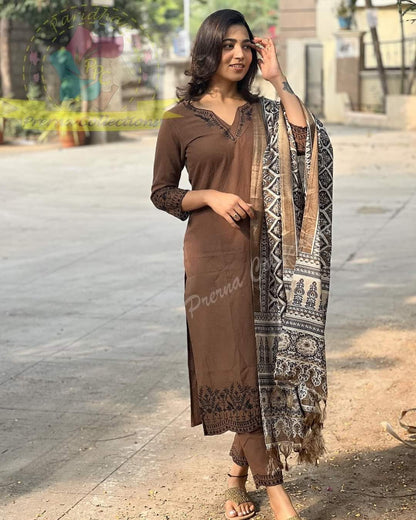 Brown cotton khadi suit set