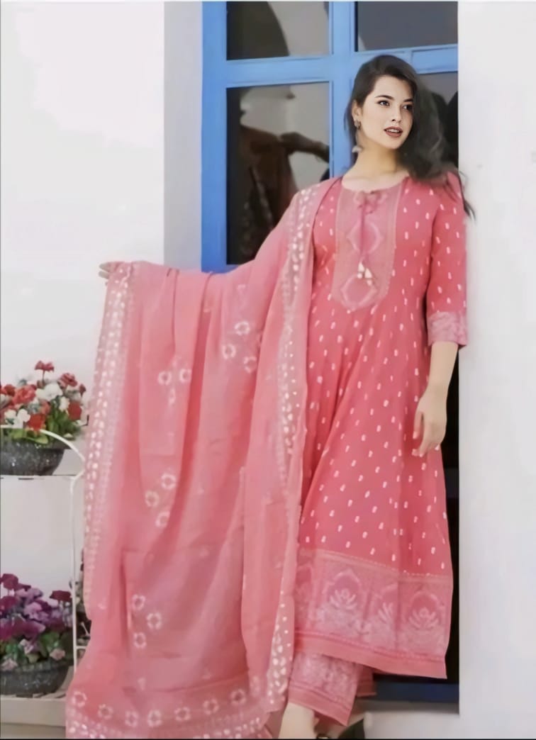 Elegant Pink Cotton Anarkali 3-Piece Set