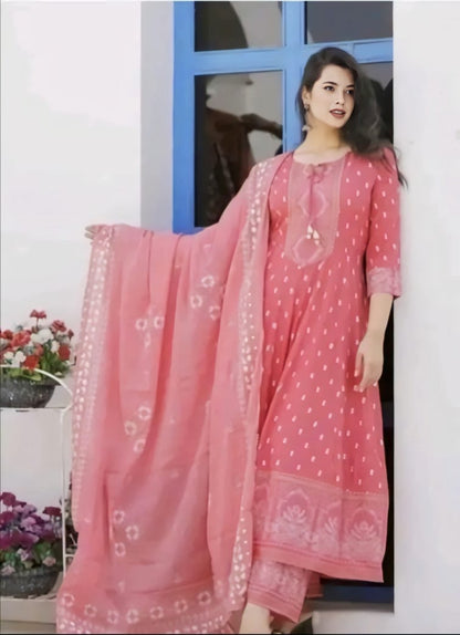 Elegant Pink Cotton Anarkali 3-Piece Set
