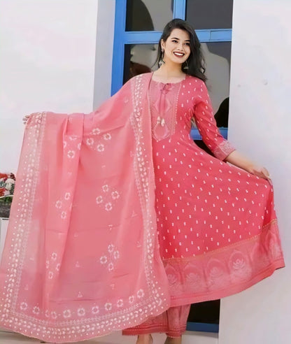 Elegant Pink Cotton Anarkali 3-Piece Set