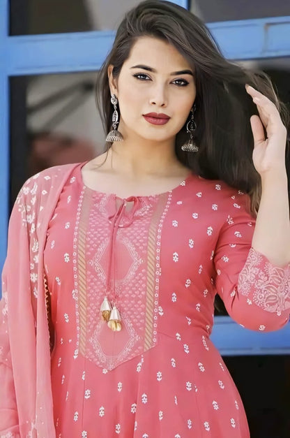 Elegant Pink Cotton Anarkali 3-Piece Set