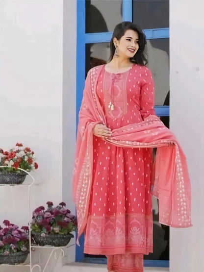 Elegant Pink Cotton Anarkali 3-Piece Set