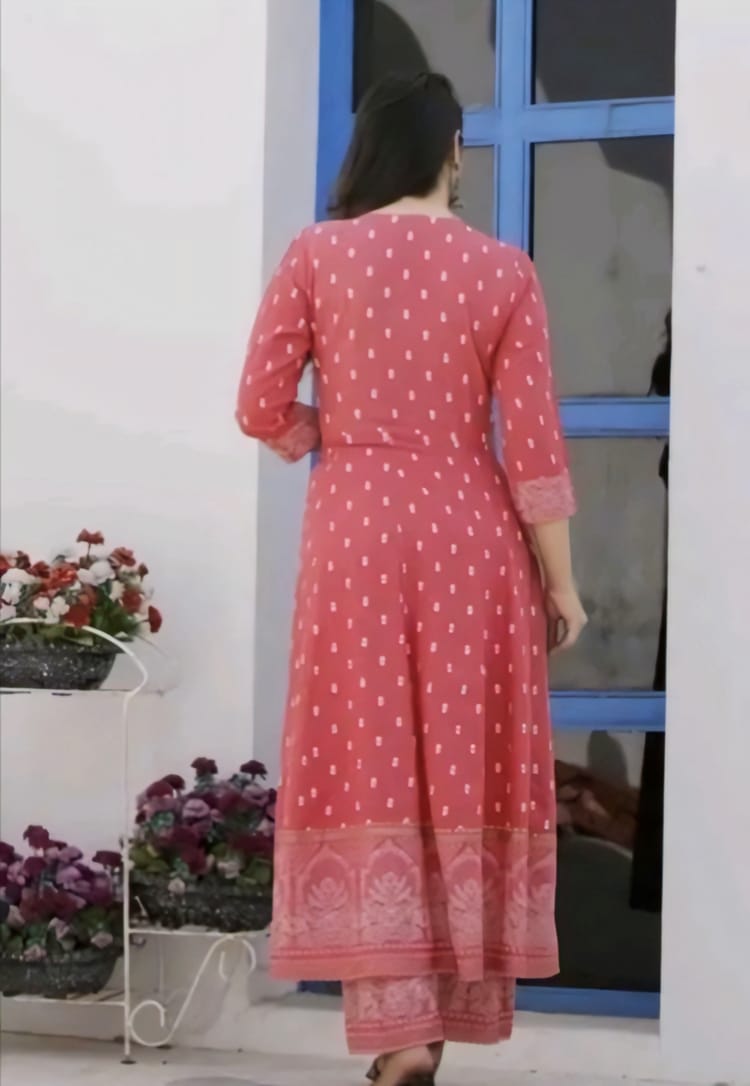 Elegant Pink Cotton Anarkali 3-Piece Set