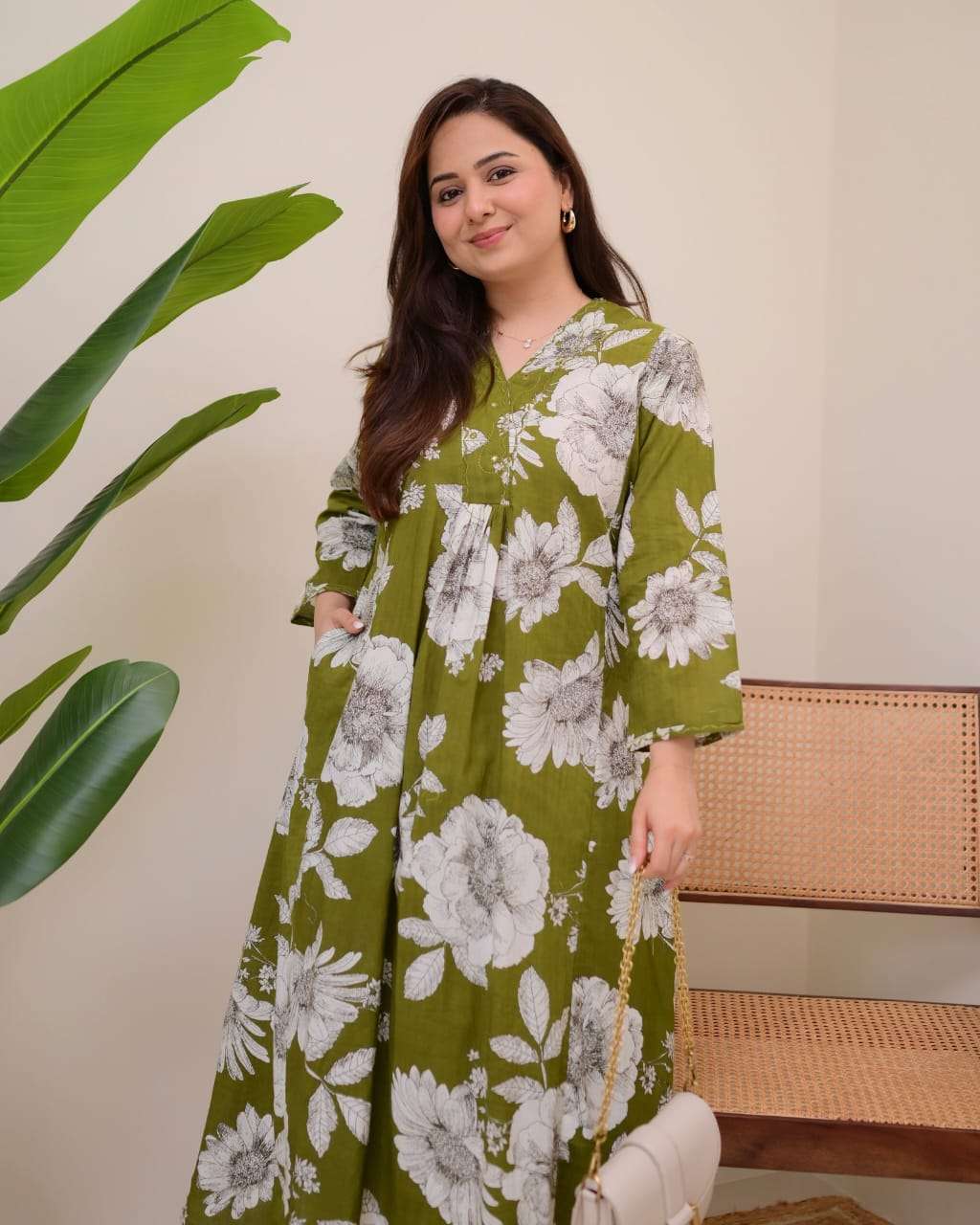 Olive Green Floral Rayon Kurta Set for Women