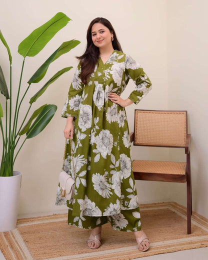 Olive Green Floral Rayon Kurta Set for Women