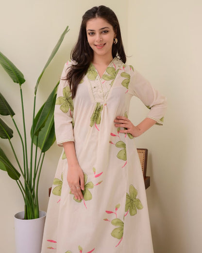 Cream Green Floral Rayon Kurta Pant Set