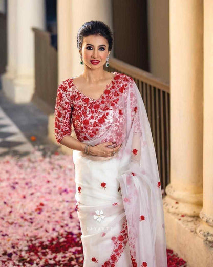 Bridal Bollywood Party Wear Organza Saree with Hand Embroidery & Blouse Piece Hiya’s Boutique