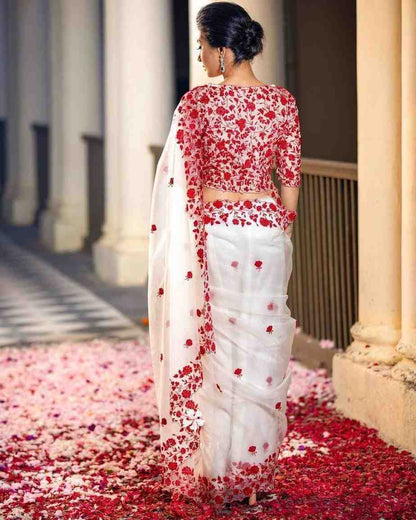 Bridal Bollywood Party Wear Organza Saree with Hand Embroidery & Blouse Piece Hiya’s Boutique
