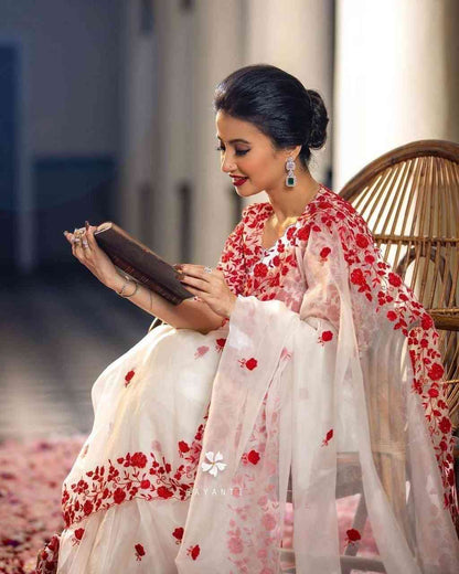 Bridal Bollywood Party Wear Organza Saree with Hand Embroidery & Blouse Piece Hiya’s Boutique
