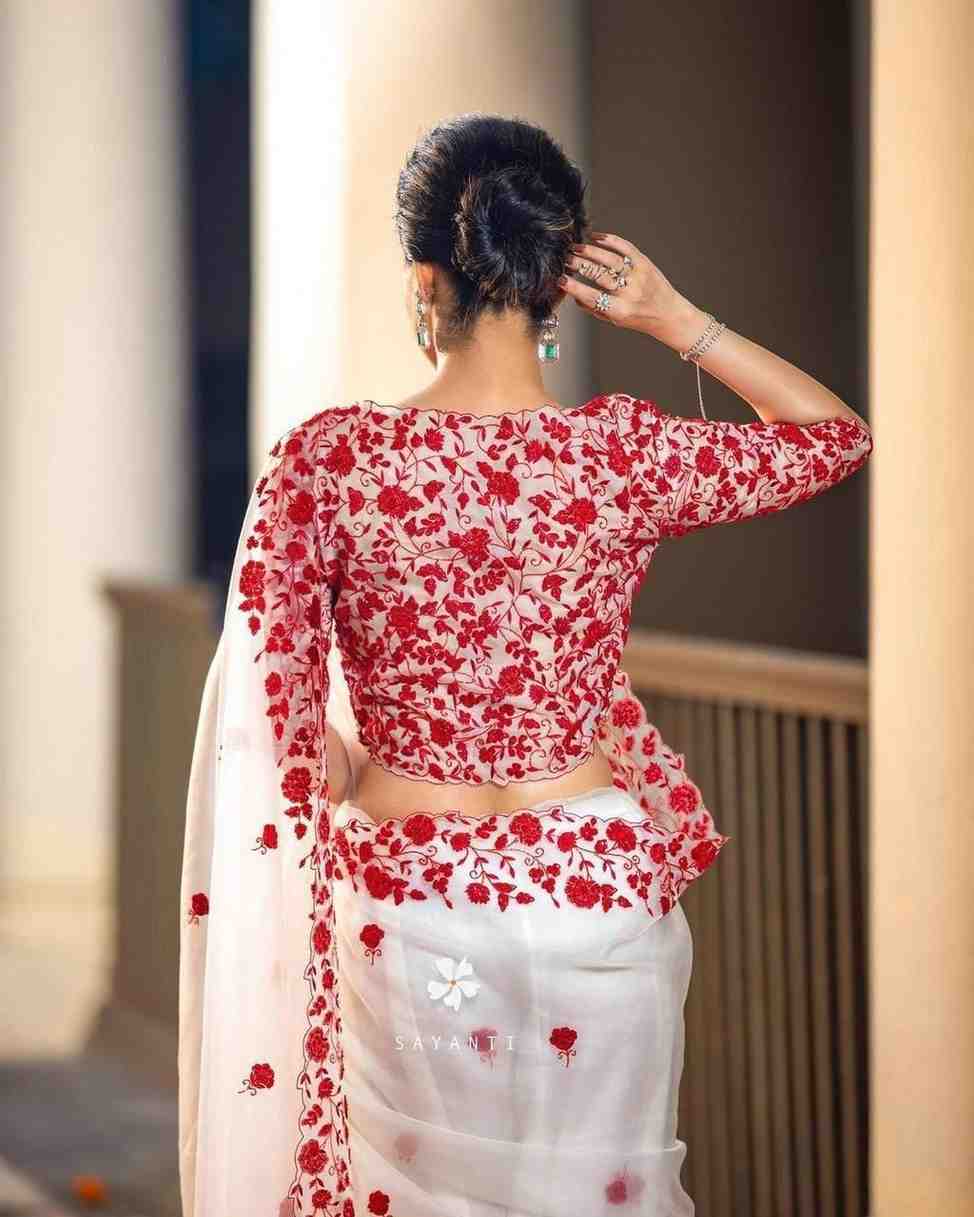 Bridal Bollywood Party Wear Organza Saree with Hand Embroidery & Blouse Piece Hiya’s Boutique