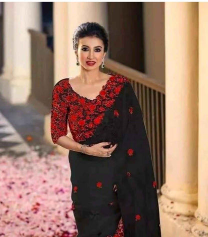 Bridal Bollywood Party Wear Organza Saree with Hand Embroidery & Blouse Piece Hiya’s Boutique