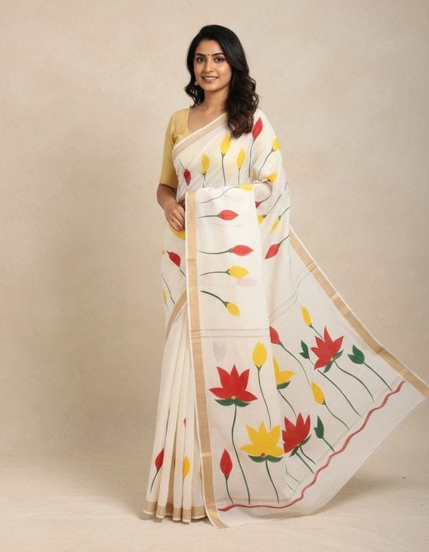 Kerala cotton hand painted saree traditional ethnic wear with blouse