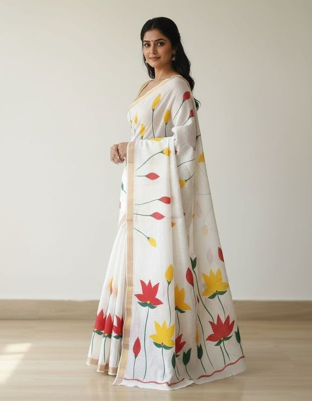 Kerala cotton hand painted saree traditional ethnic wear with blouse