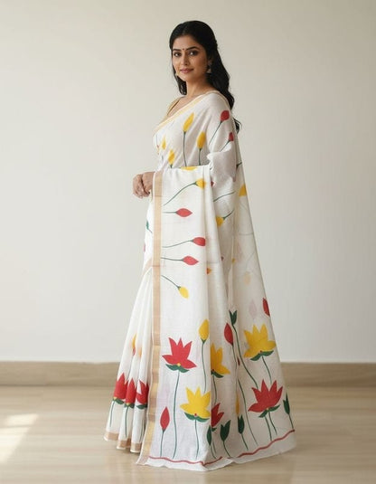 Kerala cotton hand painted saree traditional ethnic wear with blouse