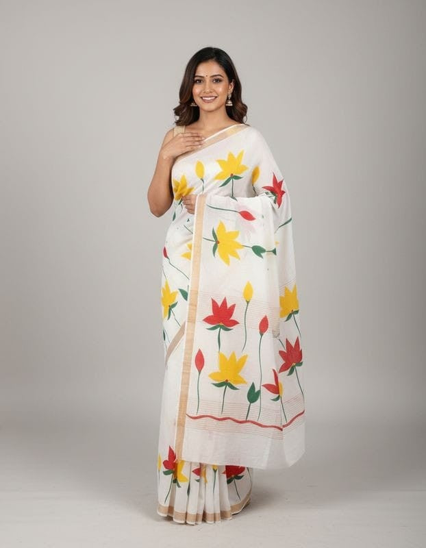 Kerala cotton hand painted saree traditional ethnic wear with blouse