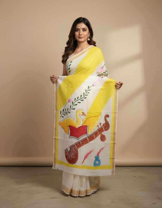 Kerala cotton hand painted saree traditional ethnic wear with blouse