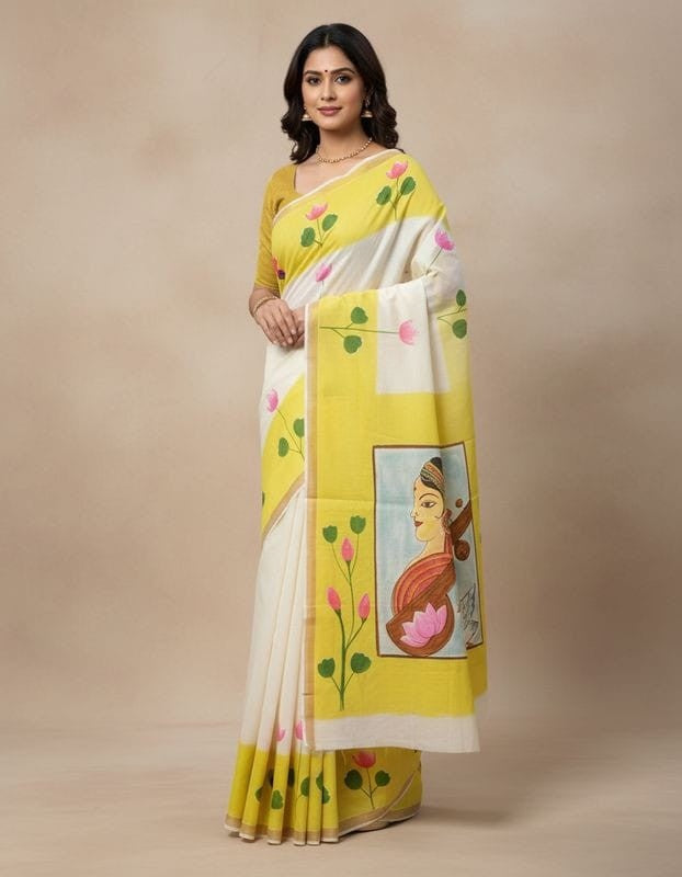 Kerala cotton hand painted saree traditional ethnic wear with blouse