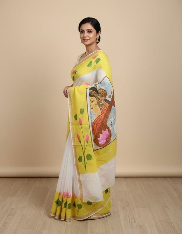 Kerala cotton hand painted saree traditional ethnic wear with blouse