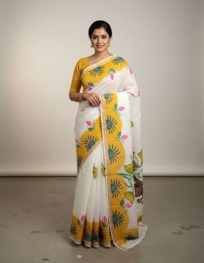 Kerala cotton hand painted saree traditional ethnic wear with blouse