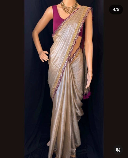 Premium Raga Tissue Jardosi Less Border Saree Hiya’s Boutique