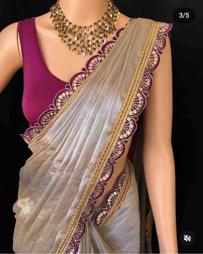 Premium Raga Tissue Jardosi Less Border Saree Hiya’s Boutique
