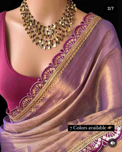 Premium Raga Tissue Jardosi Less Border Saree Hiya’s Boutique