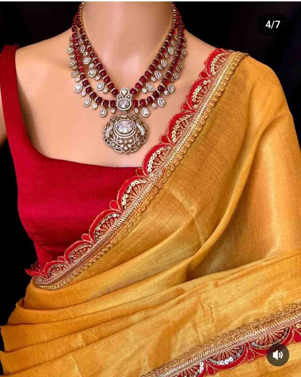 Premium Raga Tissue Jardosi Less Border Saree Hiya’s Boutique